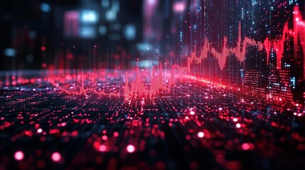 Abstract Digital Data Visualization: Red and Blue Digital Waveform