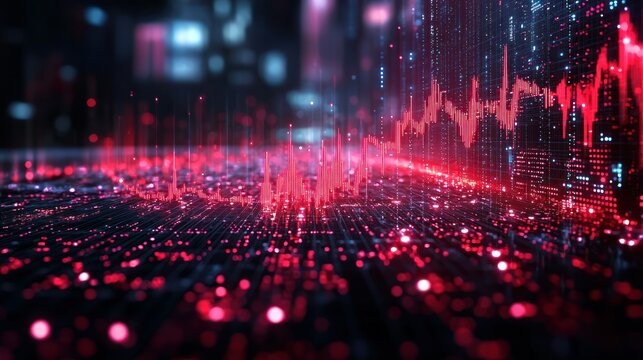 Abstract Digital Data Visualization: Red and Blue Digital Waveform