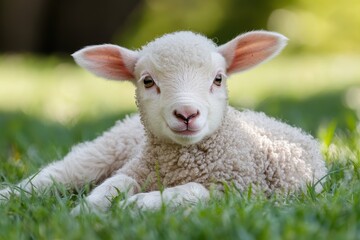 Obraz premium Fluffy lamb in grassy field