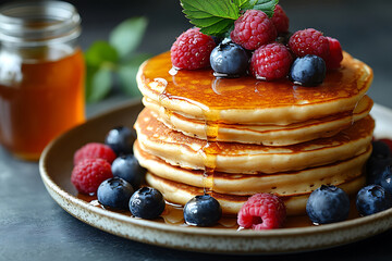 Stack Of Delicious Pancakes Topped With Fresh Berries And Syrup Drizzled Down