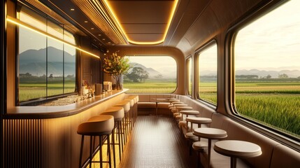 Fototapeta premium Elegant Interior of a Luxury Travel Train with Scenic Views
