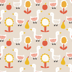 Vector seamless pattern with cute geese, flowers, pear and apple on beige background. Farm. Pets. Creative kids texture for fabric, wrapping, textile, wallpaper. Print with geese.