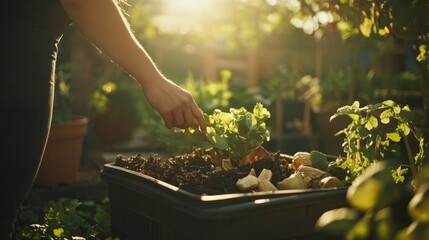 Woman tending garden bed, sunlight filtering through foliage