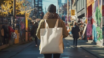 Woman with tote bag walking city street market