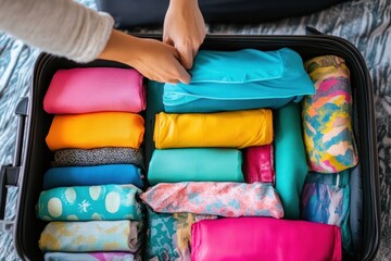 A person neatly packs colorful clothing items into a suitcase, using packing cubes for an organized vacation trip.