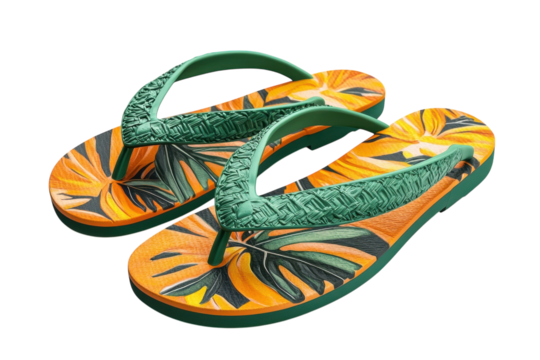 Tropical flip flops with vibrant orange and green leaves perfect for summer shown against a black