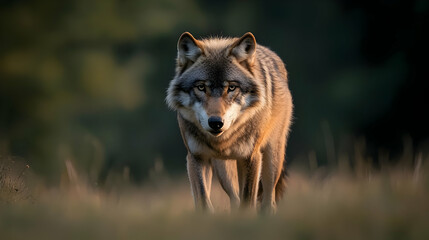 Obraz premium Grey Wolf In Golden Light Meadow