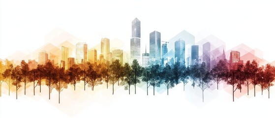 Fototapeta premium Business growth symbolism in urban landscape city skyline digital artwork vibrant colors aerial view conceptual representation