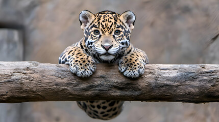 Obraz premium Adorable Jaguar Cub Hanging on a Log