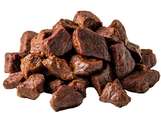 Freshly cut pile of juicy beef pieces ready for cooking on a wooden cutting board with kitchen utensils nearby isolated on a white background.