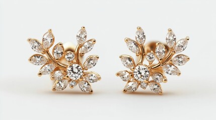 Naklejka premium Chic yellow gold earrings adorned with brilliant diamonds, captured on a smooth white backdrop
