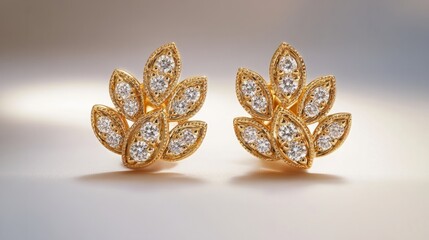 Fototapeta premium Elegant yellow gold earrings with brilliant diamonds, designed in a delicate pattern and displayed on a white background 