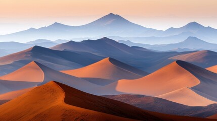 Naklejka premium A breathtaking desert landscape with towering mountains and a warm, orange sky.