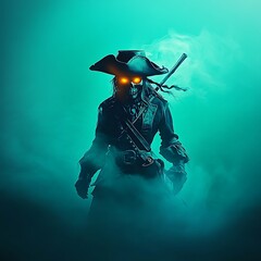 Fototapeta premium Ghostly pirate with glowing eyes emerging from mist
