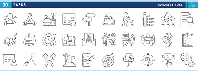 A set of line icons related to Task. Work, job, write, inspect, decide, communicate, to do, target, and so on. Vector editable stroke.