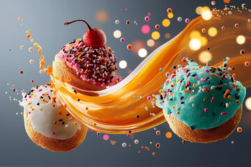 Colorful Ice Cream Scoops with Exploding Toppings and Milk Splashes&mdash;A Playful, Refreshing Summer Dessert Delight