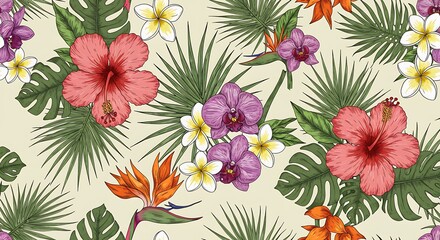 Vibrant Tropical Bloom: A Seamless Botanical Illustration AI Generated