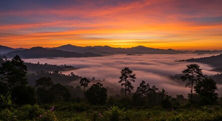 Fototapeta premium Sunrise Panorama: Mountain Mist and Golden Sky AI Generated