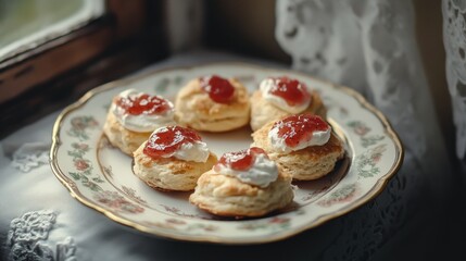 Delicate scones with jam and cream on vintage plate by window
