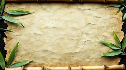 Ancient Bamboo Scroll with Green Leaves