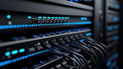 A black server rack with blue lights and cables.