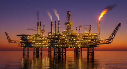 Obraz premium Offshore Oil Platform at Sunset with Orange Sky and Sea Reflections for Energy Industry