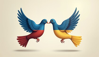 Obraz premium Colorful illustrated birds with blue and yellow details facing each other on light background