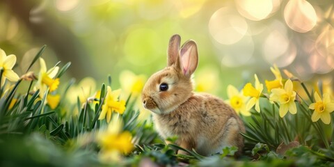 Fototapeta premium A photograph of a baby rabbit among daffodils soft