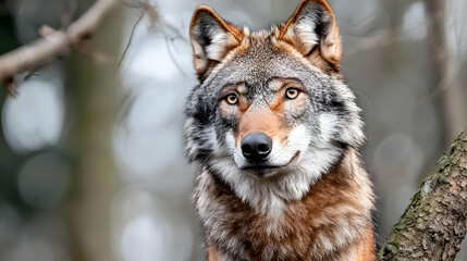 Fototapeta premium Red And Grey Wolf Portrait In Forest