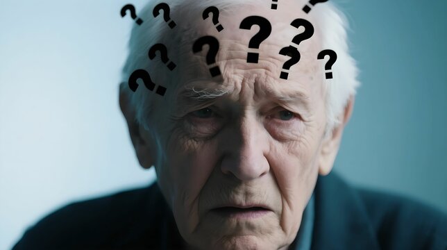 The question mark pattern on the head of the elderly represents the concept of confusion, thinking, and cognitive questioning, used to express themes of cognitive problems, dementia symptoms, or psych