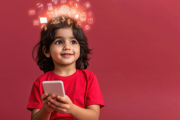 A young Indian child wearing a red t-shirt, holding a smartphone with a glowing futuristic digital interface.