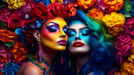 Obraz premium Colorful Portrait Of Two Women With Bold Makeup And Flowers