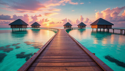 A tropical paradise featuring overwater bungalows and a wooden walkway at sunset time.