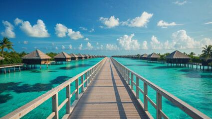 Naklejka premium Stunning overwater bungalows and a long wooden pier in the turquoise waters of the Maldives.
