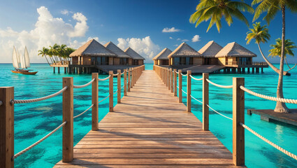 Fototapeta premium Picturesque overwater bungalows connected by a wooden path in the crystal clear ocean with a sailboat.