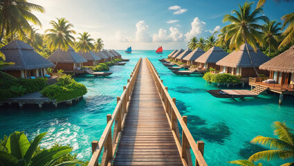 A wooden walkway leads to overwater bungalows in a tropical turquoise lagoon.