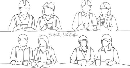 Construction Workers Enjoying Coffee Break Continuous One Line Drawing Minimalist Icon Concept Editable Stroke