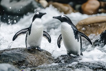 Obraz premium Two penguins interact by a stream