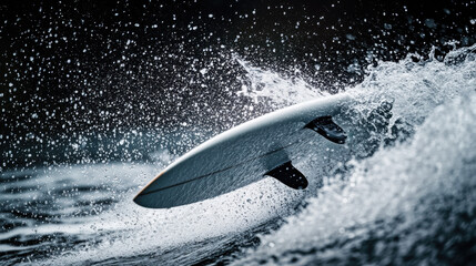 Surfboard in Dynamic Action with Splashes on Ocean Waves