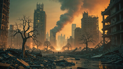 A desolate urban landscape is filled with rubble and smoke after a devastating disaster.