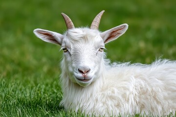 Obraz premium White goat in grassy field