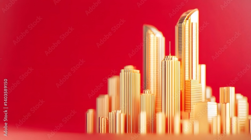Aufkleber 黄金の高層ビル群が深紅の背景にそびえ立つ 抽象的な光と影の建築デザイン