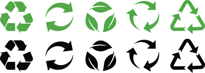 Recycle symbols. Recycling arrow icon set. Reusing symbols. Recycling label collection. Recycle badge. Recycling icons. Recycle, reuse and reduce icons.