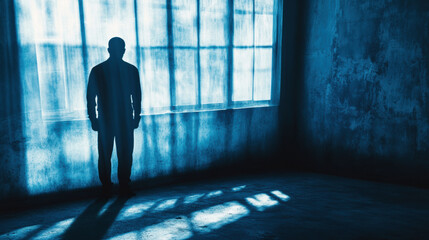 Fototapeta premium Mysterious Silhouette in a Dark Room with Ethereal Blue Lighting