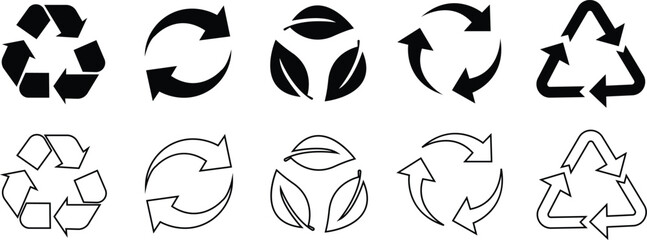 Recycle symbols. Recycling arrow icon set. Reusing symbols. Recycling label collection. Recycle badge. Recycling icons. Recycle, reuse and reduce icons.