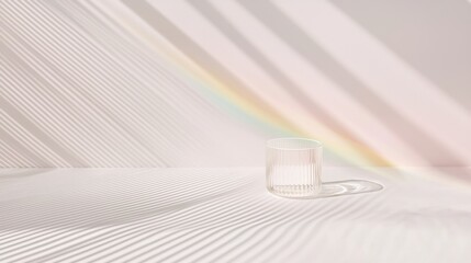 A glass with a rainbow pattern sits on a white surface.