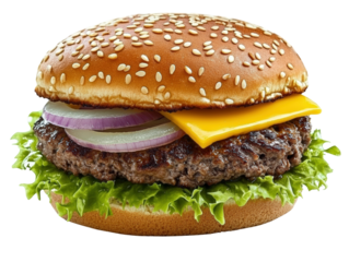 Delicious hamburger with melted cheese and onions served on a plate ready to enjoy for a satisfying meal isolated on a white background.