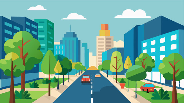 The city and nature coexist on this street with trees serving as a natural buffer between busy sidewalks and bustling buildings.