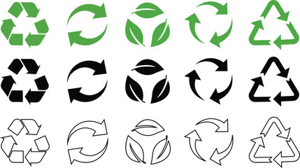 Recycle symbols. Recycling arrow icon set. Reusing symbols. Recycling label collection. Recycle badge. Recycling icons. Recycle, reuse and reduce icons.