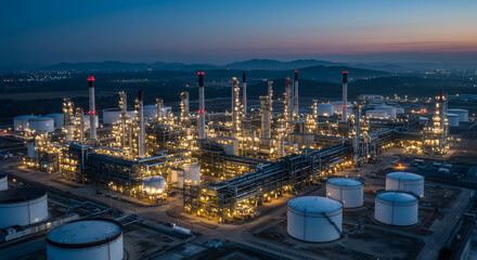 Aerial View of a Large Industrial Oil Refinery Plant Complex at Night with Illuminated Structures and Storage Tanks